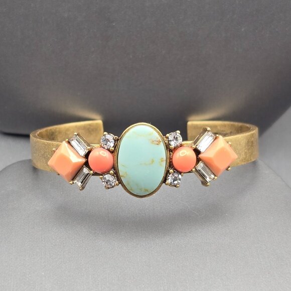 J Crew Jewelry - J Crew Antique Gold Tone Cuff Bracelet Faux Coral & Turquoise Stones Rhinestones